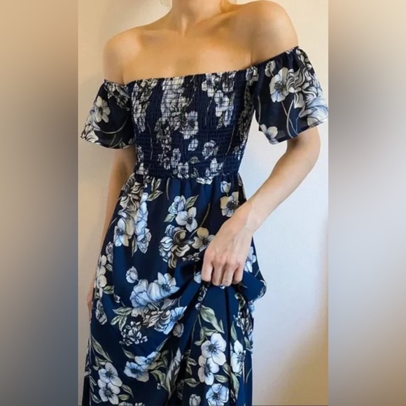 Altar'd State Navy Blue sky blue and White floral Smocked Maxi Dress - Picture 3 of 10